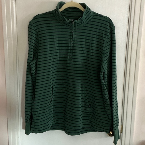 L.L. Bean Forest Green and Blue Striped Knit Top Kangaroo Pocket XL - Picture 1 of 6